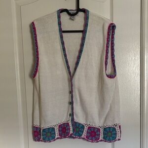 Vintage Koret White Vest with Pink and Blue Granny Square Knit Accents